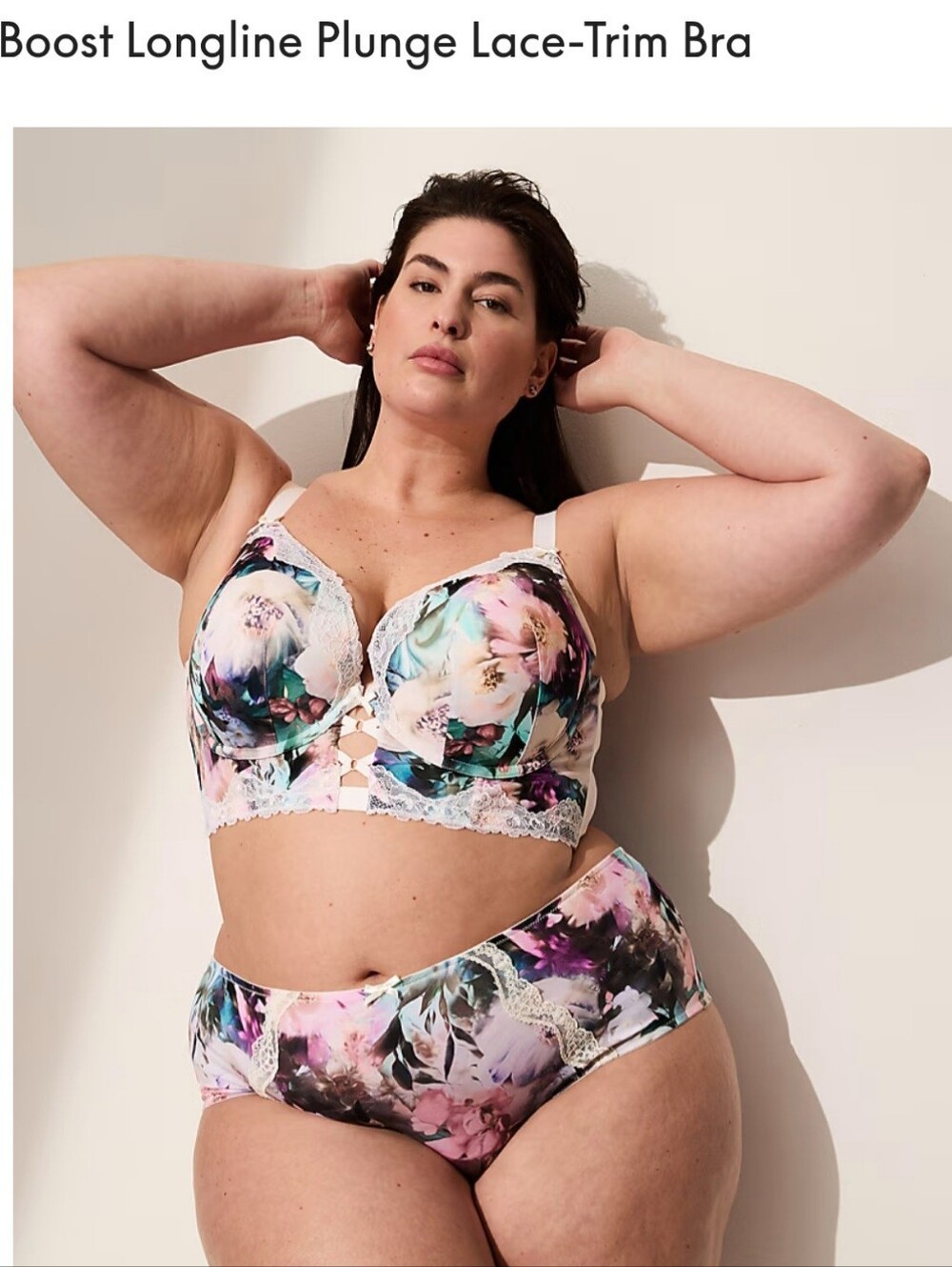 Cacique Floral Longline Plunge Bra in Cream and Multicolor Floral